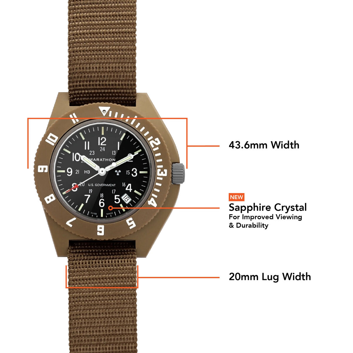 Marathon Pilot Navigator Watch - Desert Tan Date with US Government Markings